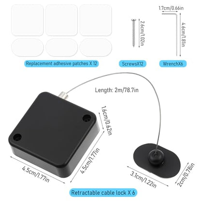 6Pcs Remote Control Tether Cord and Holder 6.5 Ft Retractable Security Cable Lock with Double Sided Adhesive and Screws, Adjustable Cable Leash Length Rope Lanyard Lock for TV Tablets Showroom