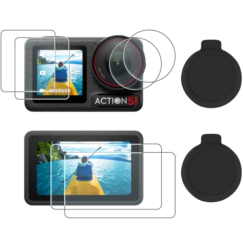 AMAZEAR Lens Screen Protector for DJI Osmo Action 5 Pro (2 Sets), Action5 Pro Accessories Tempered Glass Protector OLED Display, Ultra HD, 9H, Scratch Resistant, Bubble-Free(TGP & Lens Caps)