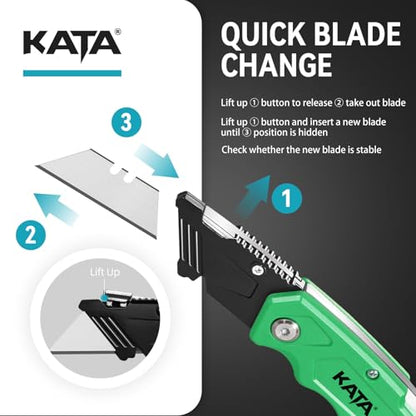 KATA Folding Utility Knife Set, 2 Pack Box Cutter with Extra 10 SK5 Blades - color: Green/Orange