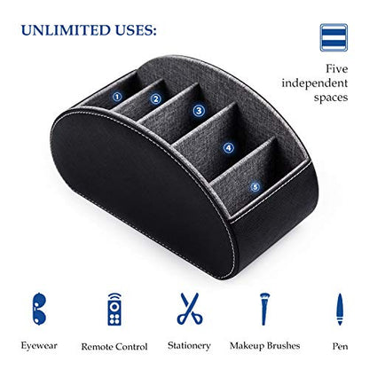BONNY DODO Remote Control Holders Organizer Box with 5 Compartment PU Leather Multi-functional Office Desk Storage Caddy Store (Black) - color: Black
