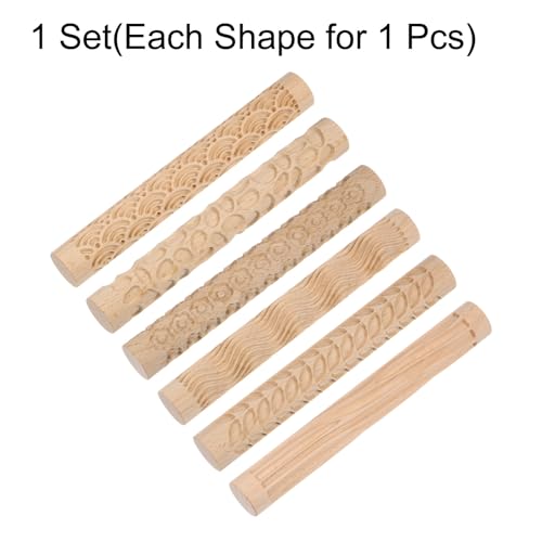 HARFINGTON 6pcs Wood Clay Roller Pattern Modeling 5.9 Inch Beech Wood Hand Rollers Wooden Pottery Tools Wood Grain Texture Rollers for Clay Baking Playdough DIY