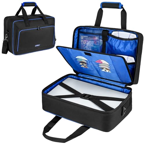 Carrying Case Compatible with PS5/PS5 Pro/PS4,17 Pockets Travel Storage Bag with Thick Padding Compatible with Playstation 5/PS5 Digital Edition,Controller,Game Discs,Charger & Accessories,Black,Blue - color: Black+Blue