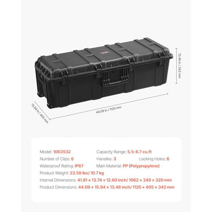 VEVOR Dry Box, Waterproof Hard Case with Pre-Cut Foam, 44 x 16 x 13.5inch - size: 112x41x34 cm