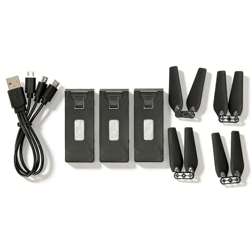 Drone Battery 3PCS 3.7V 1800mAh with 4Pcs Propeller Blades, Mini Propellers Accessories Drone Battery with Blades for E88 E88PRO E525 E99 E99PRO P1 K3 S1 RC UAV Battery Plug and Play