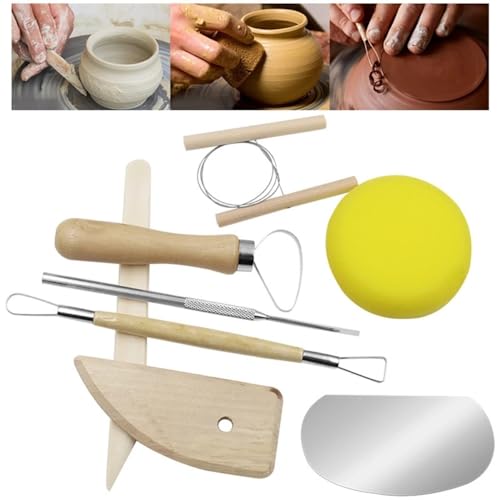 Evwoge 8-Piece Pottery Tool Set, Wooden Clay Sculpting Tools with Sponge, Wire Cutter and Modeling Tools for Ceramics