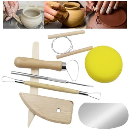 Evwoge 8-Piece Pottery Tool Set, Wooden Clay Sculpting Tools with Sponge, Wire Cutter and Modeling Tools for Ceramics
