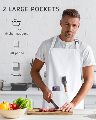 Syntus Chef Apron for Men Women with Pockets, Thick Grilling BBQ Apron - color: White