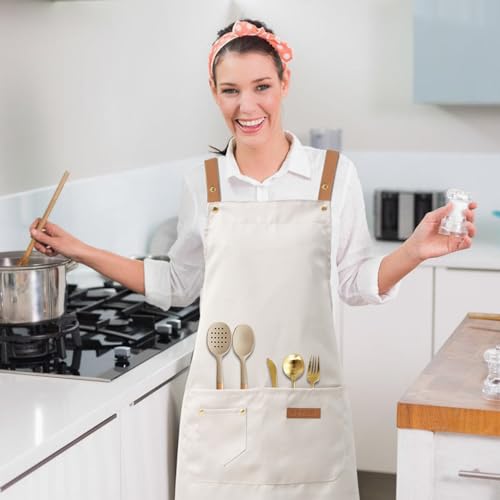 DILLMAN Art Aprons for Men Women H Back Straps Chef Apron with Pockets - color: White