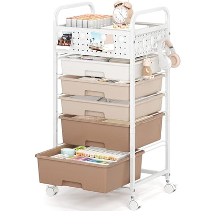 5 Drawer Rolling Storage Cart with Pegboard Top and Hooks, Brown - color: Brown, size: 5-Drawers