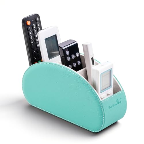 Remote Control Holders Organizer Box with 5 Compartment PU Leather Caddy - color: Cyan, size: S
