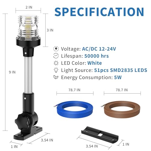 Obcursco Boat Stern Light, Bimini Top LED Anchor Light, Boat Accessories - size: 9''Vertical Swing