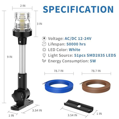 Obcursco Boat Stern Light, Bimini Top LED Anchor Light, Boat Accessories - size: 9''Vertical Swing