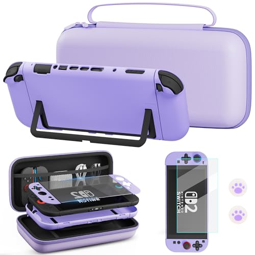FUNDIARY Purple Carrying Case Compatible with Switch 2(2025), Shockproof Accessories for Switch 2 Console with Slim Portable Storage Travel Bag, Protective Cover, Screen Protector and 2 Cute Thumb Cap - color: Purple