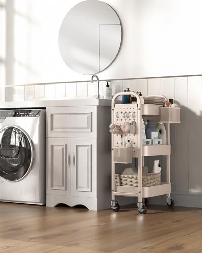 ALVOROG 3 Tier Metal Rolling Utility Cart with Pegboards,Baskets,Hook,Khaki - color: Khaki