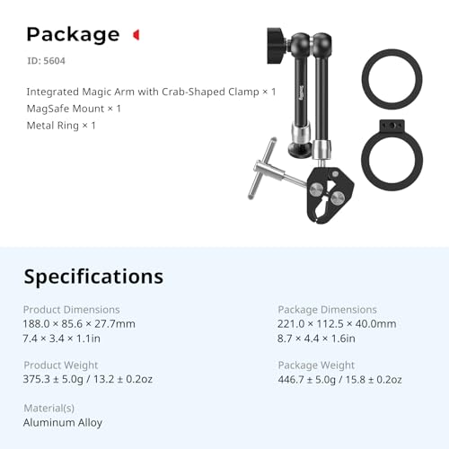 SmallRig Magic Arm Clamp, Phone Mount for Magsafe & Magnetic Adapter Ring - size: 11''+phone mount