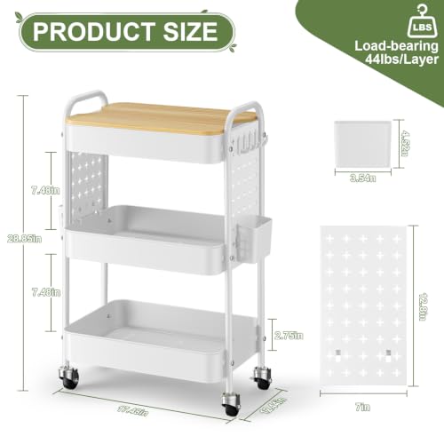 3 Tier Rolling Cart with Table top, Metal Utility Cart with DIY Pegboard - color: White With Pegboard