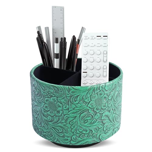 lizimandu Round Leather Art Supply Organizer,Remote Control Holder,360 Degree Spinning,Multi-Functional Pencil Holder,4 Compartments Desktop Stationary Organizer(1-Carved Green) - color: 1-Carved Green