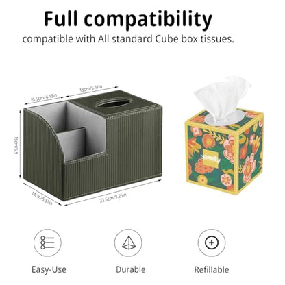 PU Leather Square Tissue Box Cover - Multi-Functional Tissue Box Holder - color: Green