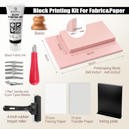 Bobblebro Linocut Kit for Printmaking, Fabric Block Printing Kit with Ink - color: Beige-linocut kit