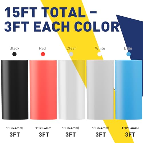 haisstronica 15Ft 4:1 Heat Shrink Tubing Kit 1" 5 Colors - size: 1"
