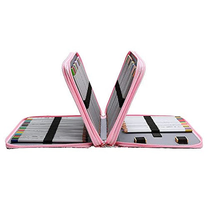 Canvas 120 Slots Pencil Case 3-Layer Zipped Holder w/Handle - color: Pink Flower, size: 120