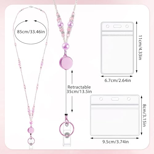 Beaded Teacher Lanyard with Retractable Badge Reel, Pink - color: Pink