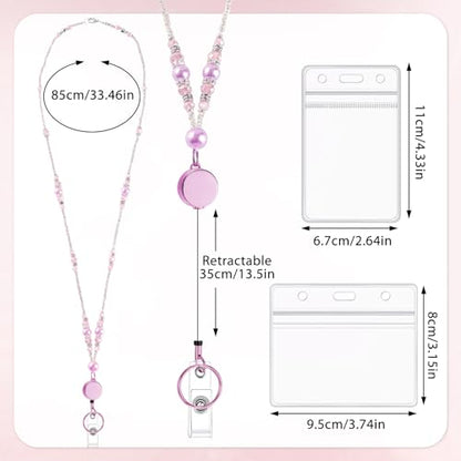 Beaded Teacher Lanyard with Retractable Badge Reel, Pink - color: Pink