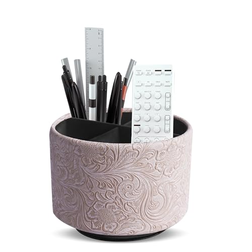 lizimandu Round Leather Art Supply Organizer,Remote Control Holder,360 Degree Spinning,Multi-Functional Pencil Holder,4 Compartments Desktop Stationary Organizer(1-Carved White) - color: 1-Carved White
