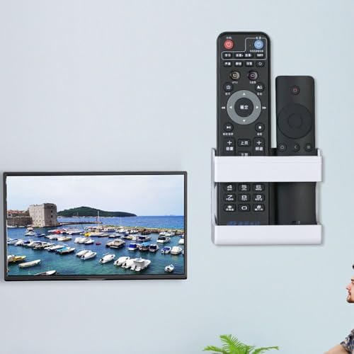 Wall Mounted No Punching Required Universal Adhesive Remote Control Holder Storage Box Rack Shelf Mobile Phone Plug Case(White) - color: White