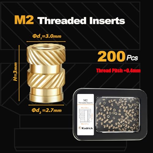 Kadrick 200Pcs M2 Threaded Inserts for 3D Printing Components,M2*3 * 3 Metric Brass Knurled Nuts, Insert by Heat into Plastic Parts - size: M2*H3*D3 200Pcs
