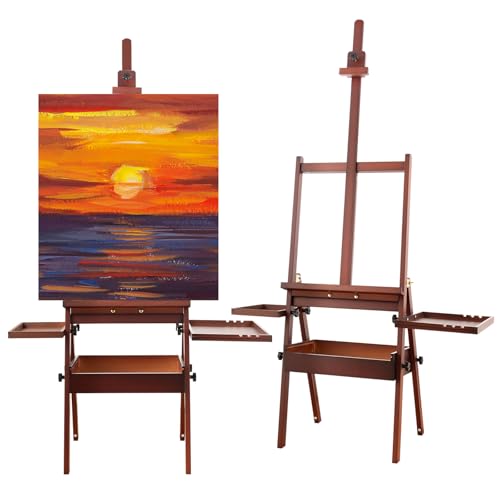 Wooden H-Frame Studio Easel with Storage Drawer and Palettes, Walnut - style: Side Trays Walnut