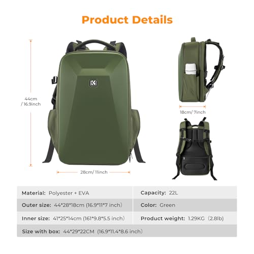 K&F CONCEPT Camera Backpack,Hardshell Photography DSLR Camera Bag - color: Green