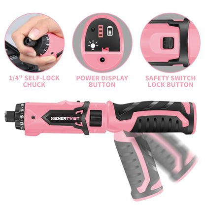 Enertwist Cordless Electric 8V Pink Screwdriver with 82 Accessory Kit - style: 82PCS 8V PINK