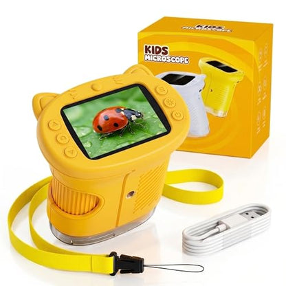 Kids Microscope, 4K 1000X Zoom, 2.4" Screen, STEM Toy for Ages 4-8 - color: Yellow