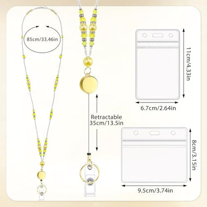 Beaded Teacher Lanyard with Retractable Badge Reel, Yellow - color: Yellow
