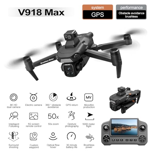 GPS Drone with 8K UHD Camera for Adults, FPV Drone with Big Screen on Controller, 360° Laser Obstacle Avoidance, GPS Auto Return, Circle Fly Headless Mode, Under 249g Lightweight RC Quadcopter V918 MAX Professional Foldable Drone Gift for Beginners Adults