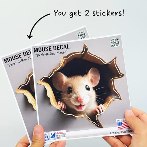 GRITKULTURE Removable Peek A Boo Mouse in Mouse Hole Decal Sticker 5.1inch 2 Pack. Mouse Hole in the Wall Sticker with 3D Effect. Wall Decoration, Funny Gift, Potty Training, Prank