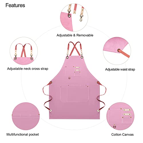 Dulabi Apron, Adjustable Chef Apron for Women and Men with Large Pockets, Cooking Kitchen Apron with Back Straps - color: Pink