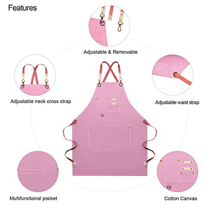 Dulabi Apron, Adjustable Chef Apron for Women and Men with Large Pockets, Cooking Kitchen Apron with Back Straps - color: Pink