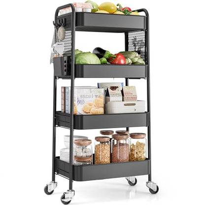 TOOLF 4 Tier Rolling Cart, Metal Utility Storage Cart with Pegboard, Black - color: Black, size: 4-Tier