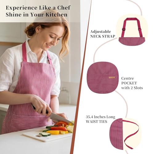 2 Pack Cooking Aprons Adjustable Bib Apron for Women with 2 Pockets, Kitchen Restaurant Men Chefs Aprons - color: Wine Pinstripes
