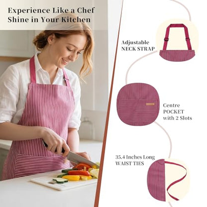 2 Pack Cooking Aprons Adjustable Bib Apron for Women with 2 Pockets, Kitchen Restaurant Men Chefs Aprons - color: Wine Pinstripes
