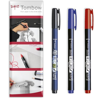 Tombow Fudenosuke Calligraphy Brush Pen - Black, Blue, Red Ink - Pack of 3 In Envelope Gift Packaging