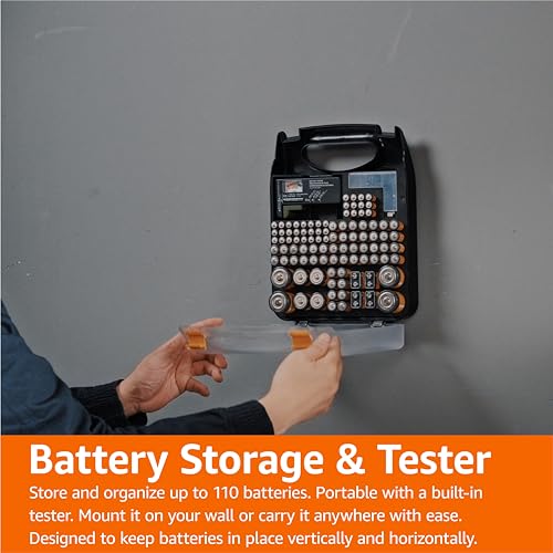 Amazon Basics Portable Battery Storage Case with Tester, Wall-Mounted Design, Carrying Handle, Holds 110 Batteries, 9.37 x 11.69 x 2.91 inches, Clear/Black