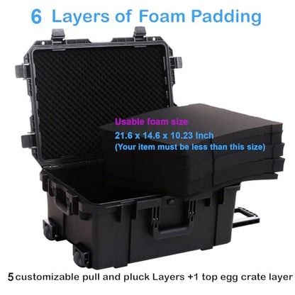 Regetek 27" Waterproof Hard Case with Foam, Rolling Equipment Flight Case with Wheels & Retractable Handle for Camera, Drone, Tools, Electronics, Heavy Duty, IP67 Rated, Inner 21.6"X 14.6"X10.2"