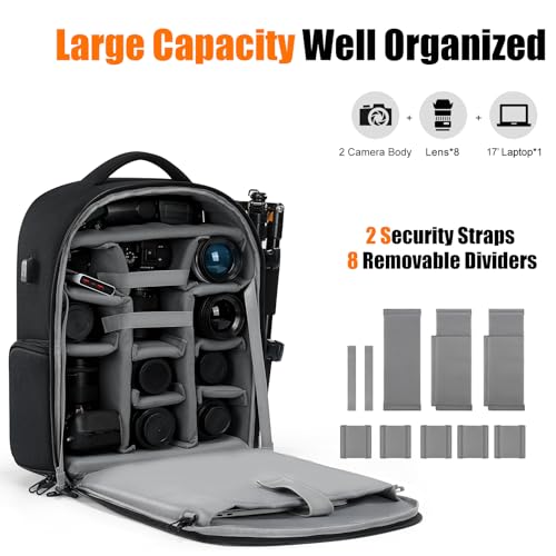 Cwatcun Camera Backpack, Large Water-Resistant DSLR Bag for Canon/Nikon/Sony - color: Black, size: 2.0 X Large