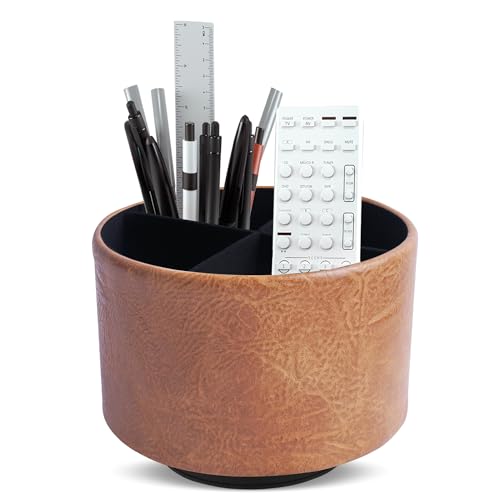 Round Leather Art Supply Organizer,Remote Control Holder,360 Degree Spinning,Multi-Functional Pencil Holder,4 Compartments Desktop Stationary Organizer(1-Crazy Brown) - color: 1-Crazy Brown