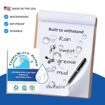 TerraSlate Waterproof Paper, 5 Mil 8.5” x 11”, Laser Printer & Copy Machine Compatible, Durable & Rain/Weather-Proof Copy Paper, White (50 Sheets) - size: 50 Sheets