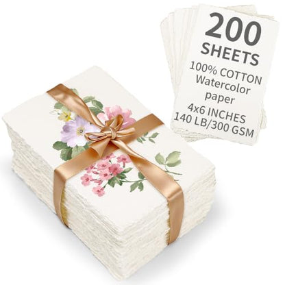 200 Sheets White Watercolor Paper 4x6 Inch Cotton Handmade Deckled Edge - color: White, size: 4x6in