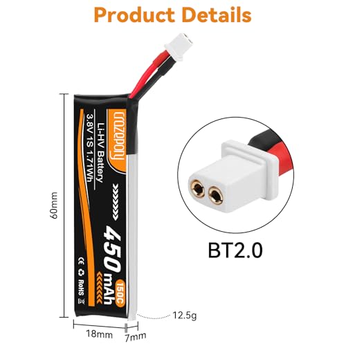 1S Lipo Battery 3.8V 450mAh with BT2.0 Connector for Tiny Whoop Drone-6Pack